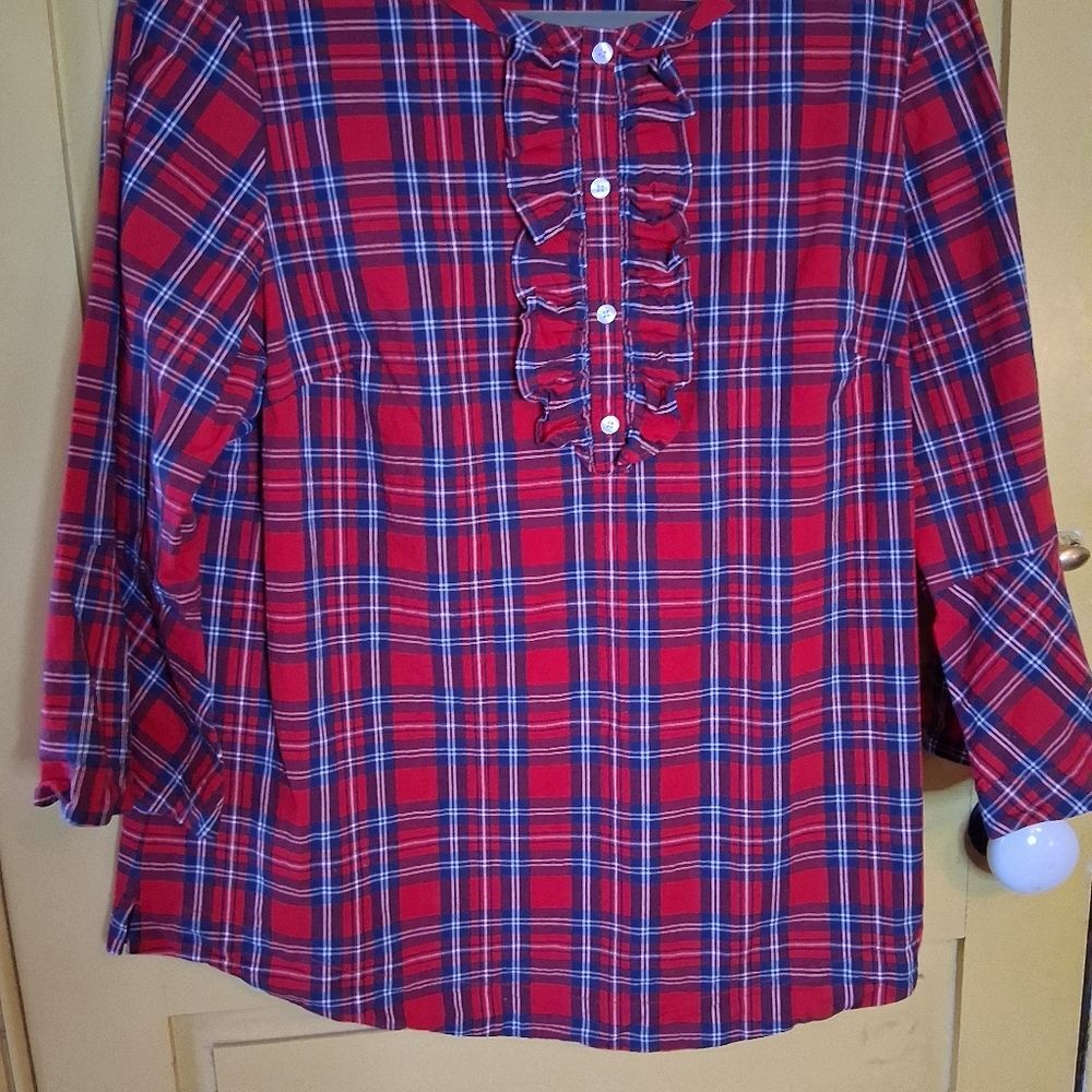Draper James Red and Black Plaid Stretch Cotton Blouse With Ruffled Placket Sz L - Picture 3 of 14